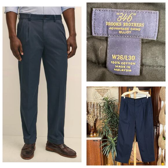 Brooks Brothers 346 Elliot Pleated Chino 36x30 Navy Blue Cotton Dress Pants - Picture 15 of 16